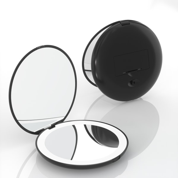 LED-belyst fickspegel 1x/2x förstoring - Stor sminkhandspegel med naturligt ljus 5" diameter Kompakt och bärbar för resor (svart)