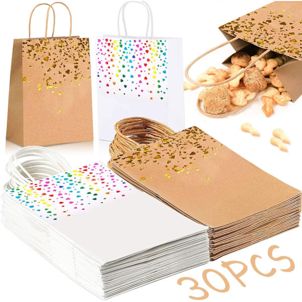30 stk Kraft-poser, Kraft-papir med håndtak, resirkulerbare gaveposer, solbrun Kr