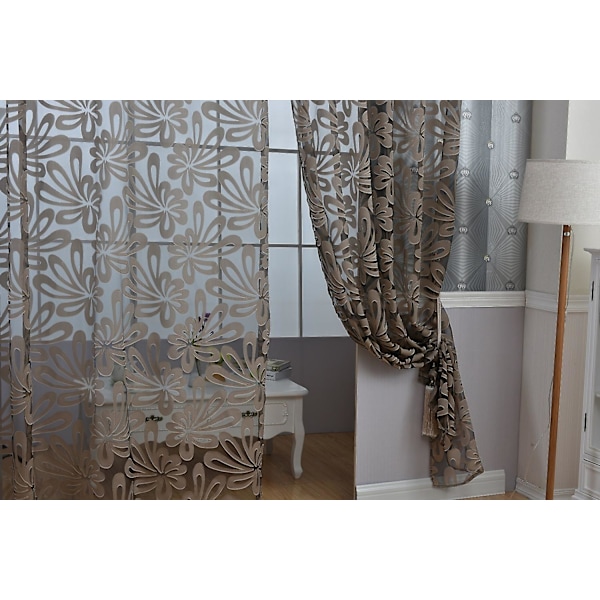 100*250cm Perforerad 3d Blomskärning Gardin - Brun