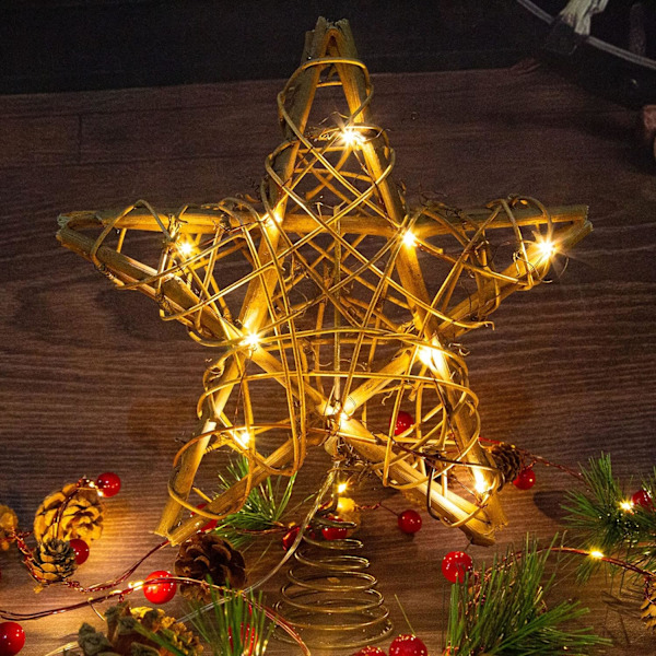 Star Christmas Tree Topper 10" Rustikk naturlig rotting med 10 varm
