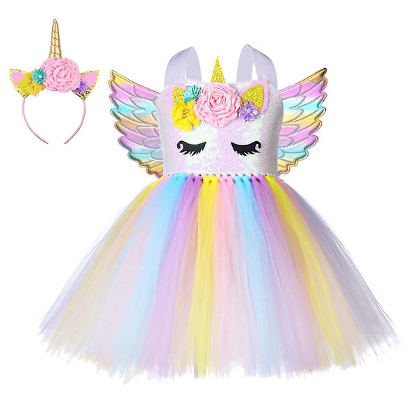 3 stk. Sequin Little Child Pony Kjole Unicorn Kjole Med Vinger Pandebånd（XL(7-8Y)）