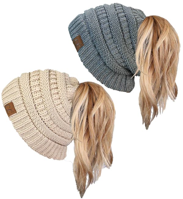 Ponytail Messy Bun Beanietail Dame Beanie Solid Ribbet Hat Cap (khaki sort)