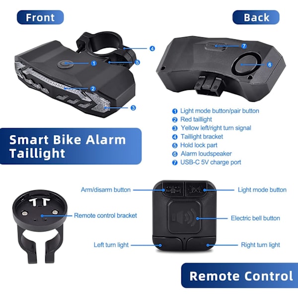 Cykelalarm med Fjernbetjening Cykelbaglygte med Blinklys