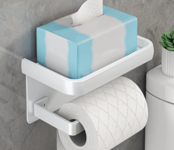 Valkoinen, koukullinen, wc-paperiteline, matkapuhelinteline