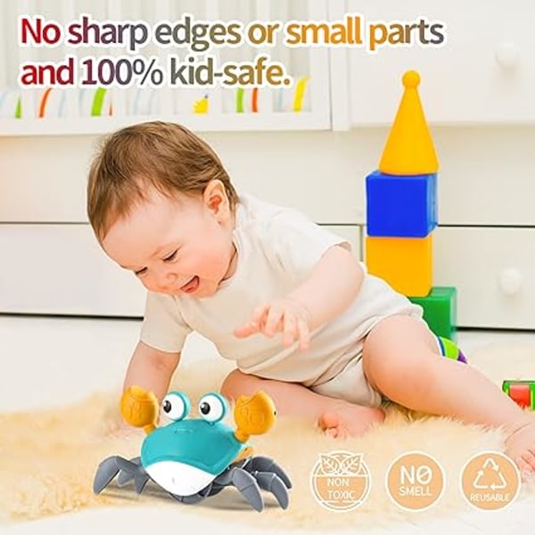 Baby Crawling Crab Toy med musik och LED-lampor, Toddler Interaction med automatisk avkänning för att undvika hinder, Intellektuell utvecklingsleksak（blå）