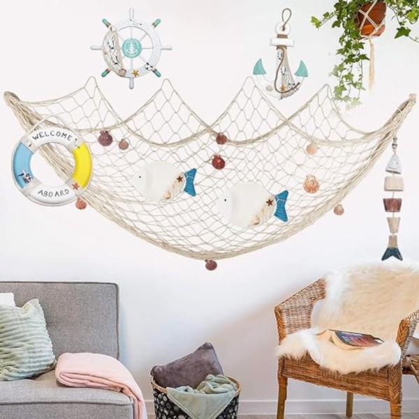 (Valkoinen) 200cm x 150cm kalastusverkko simpukankuorilla ranta-aiheinen sisustus juhliin kotiin olohuoneeseen makuuhuoneeseen Välimeren tyyliin seinäkoriste