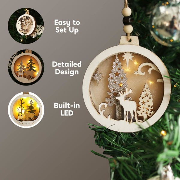 4 st LED-julgransprydnader i trä, hängande renprydnader