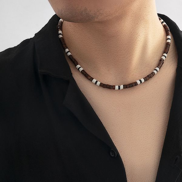 Boho chic mjuk terrakotta patchwork träpärlor man halsband för