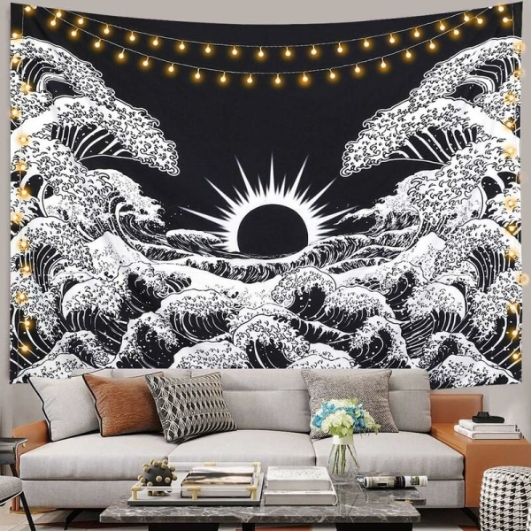 Mandala Väggtapet Great Wave Tapestry med Sunset Ocean Black