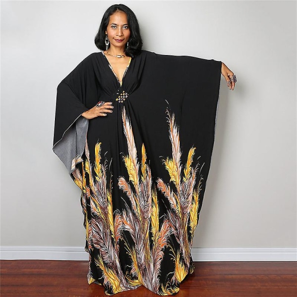 Kvinnors tryckta maxiklänning fladdermusärm strandklänning plus size solklänning strandkläder kaftan cover-ups Dn0532
