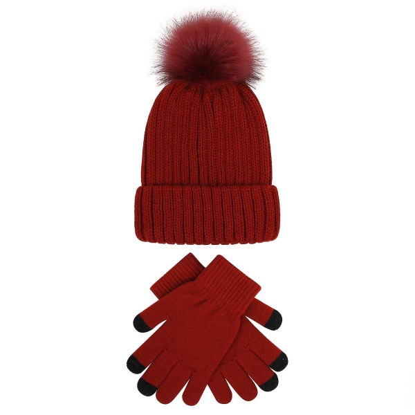 Knit Hat Gloves Set For Women Winter Ski Outing（Wine Red）