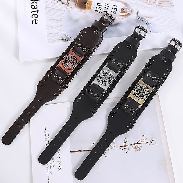 Brun Viking Armbånd Justerbar Mansjett Armring Håndleddsbånd Med Vegvisir Kompass Norse Amulet Keltisk Pagansk Smykker（A）