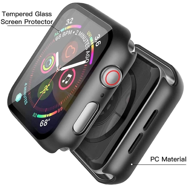 Hård PC-fodral med skärmskydd i härdat glas, kompatibel med Apple Watch Series 6 SE Series 5 Series 4 40 mm - Svart, 2-pack