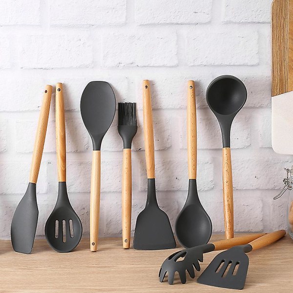 Värmebeständiga silikonspatlar set för non-stick panna köksredskap trä långa handtag spatlar grå gummispatel（tät sked）