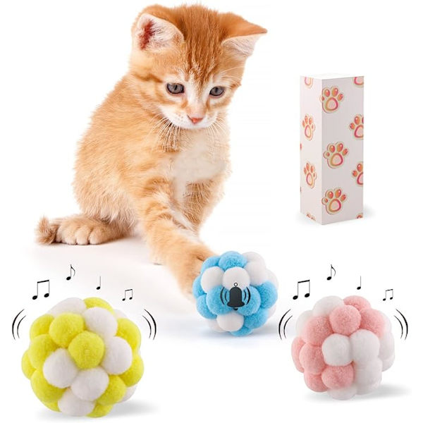 Katt leksak bollar med klocka, 3-pack färgglada mjuka luddiga bollar inbyggda