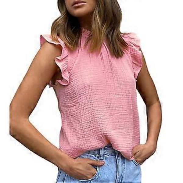Ærmeløs Flæsebluse Ensfarvet Rund Hals Plisseret Flæset Tanktop til Kvinder Dame Pige (Pink) Pink