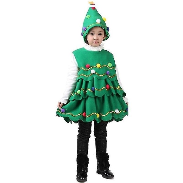 Børn piger juletræskjole Cosplay kostume Fancy præstationskostume med hat（110 cm）