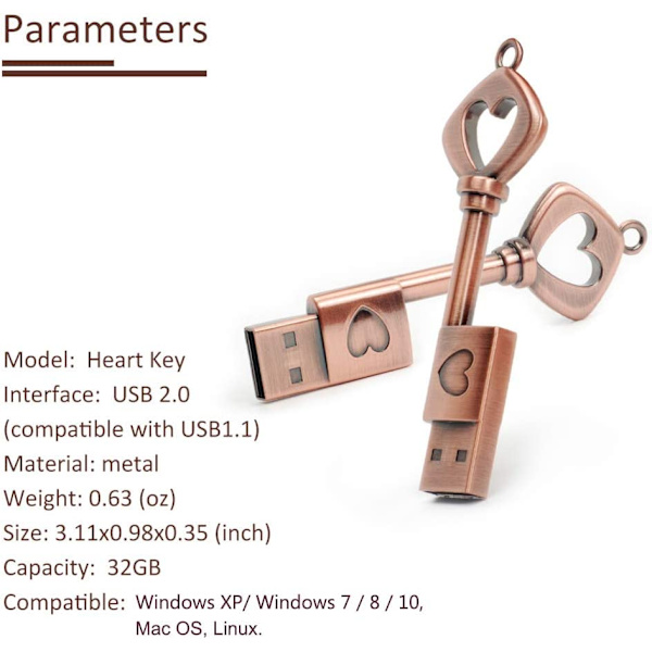 32GB USB-flashdrev, Retro Metal Nøgleformet USB-flashdrev Memory Stick USB 2.0 Pen Drive