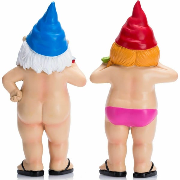 Sæt med 2 frække nøgne nøgne statuariske havegnomer Sjov statue N