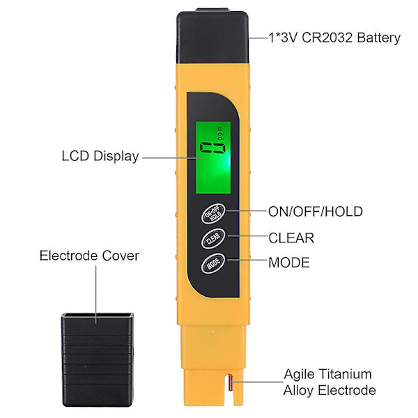 Digital TDS-testerpen - Bærbar vandkvalitets-TDS-EC- og temperaturmåler - Renhedsmåler - Temp-ppm-testtermometer