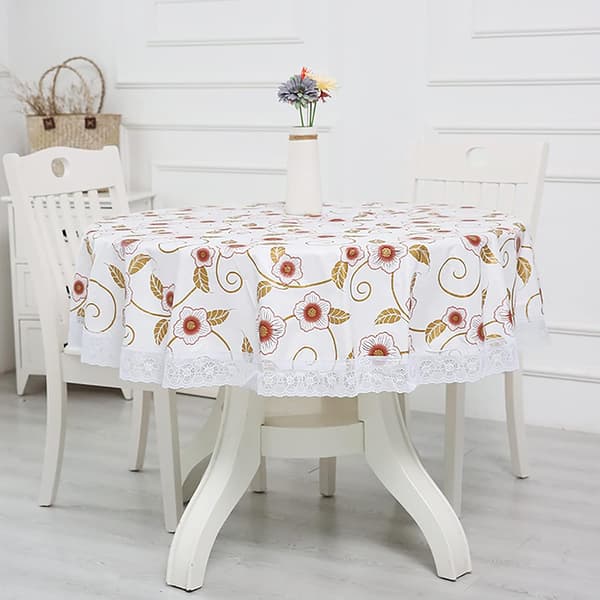 Rund PVC-voksduk, med blomster- og blondemønster, vanntett