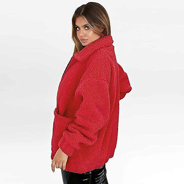 Kvinners Lapel Lang Ermet Faux Jakke Vinter Sexy Parka Mote Jakke（M Rød）
