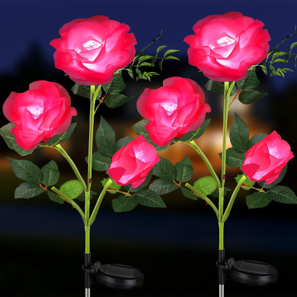 2-pack solar trädgårdslampor, dekorativa utomhussolblommor 3 rose, uppgraderad vattentät trädgårdsdekor (rosa)