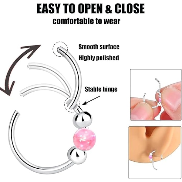 Näsring, Opal Näsring, Smycke 8MM 316L Medicinskt Stål Antiallergisk Silver Näsring, Damernas Näsring Örhängen (Rosa)