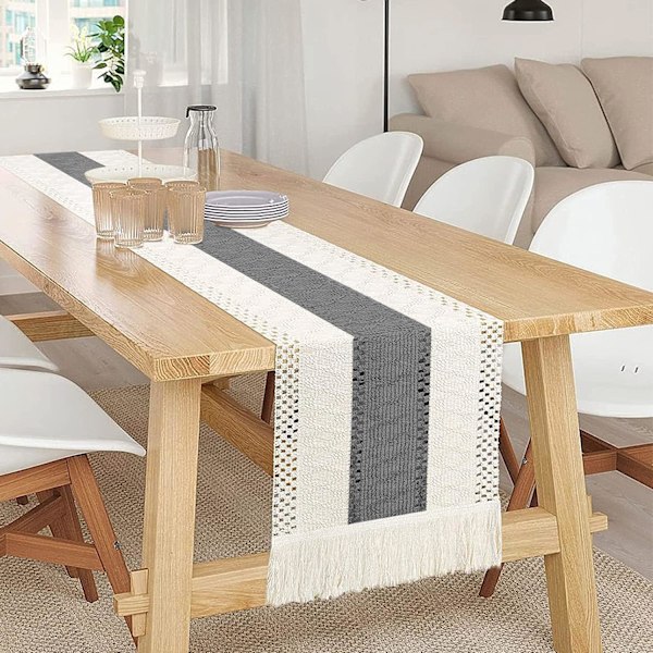 1 stk. 30 × 180 cm (grå) bomuldslinned bordløber, khaki boho krok