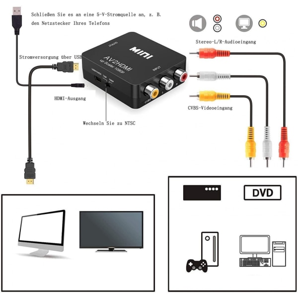 RCA til HDMI AV til HDMI Adapter 1080P HDMI RCA Adapter Audio Video