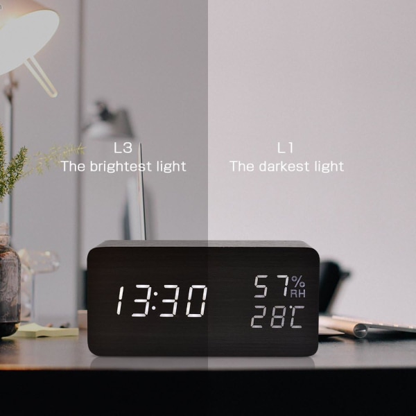 LED digital väckarklocka Datum Luftfuktighet Temperatur Trälook Dekorativ klocka Alarm（Svart）