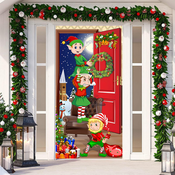 Christmas Elf Door Cover 90x203cm Christmas Door Banner Hanging B