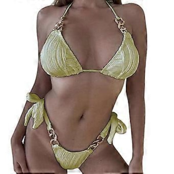 Dam Halterneck Sida Snörning Bikini Set Baddräkt Cheekys Badkläder 2 Delar Baddräkt Triangel Bikini Set Strandkläder Grön S Green S