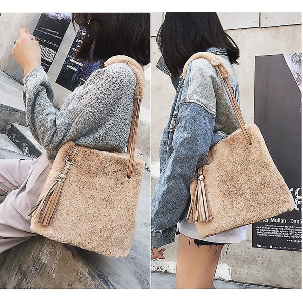 Kvinnor Höst Vinter Fuskpäls Axelväska Plysch Handväska Fluffy Bucket Bag Tofs Crossbody Bag Khaki