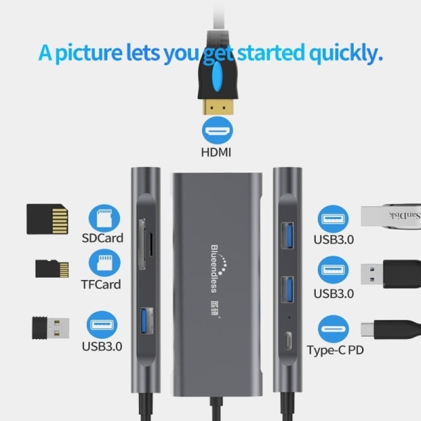 Thunderbolt til USB med 3 porte + HDMI + USB-C Adapter Macbook Dark grey