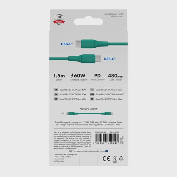 X2O SUPERFLEX 60W USB-C/C-kabel 1,5 m turkosgrön