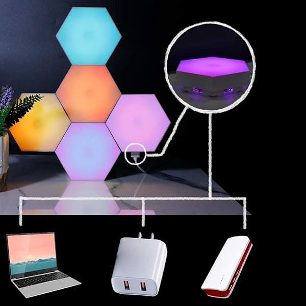 Hexagon Væglampe / LED-lampe i 6 moduler – Fjernstyret
