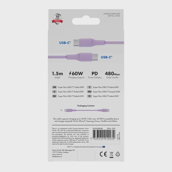 X2O SUPERFLEX 60W USB-C/C-kabel 1,5m Lavendel