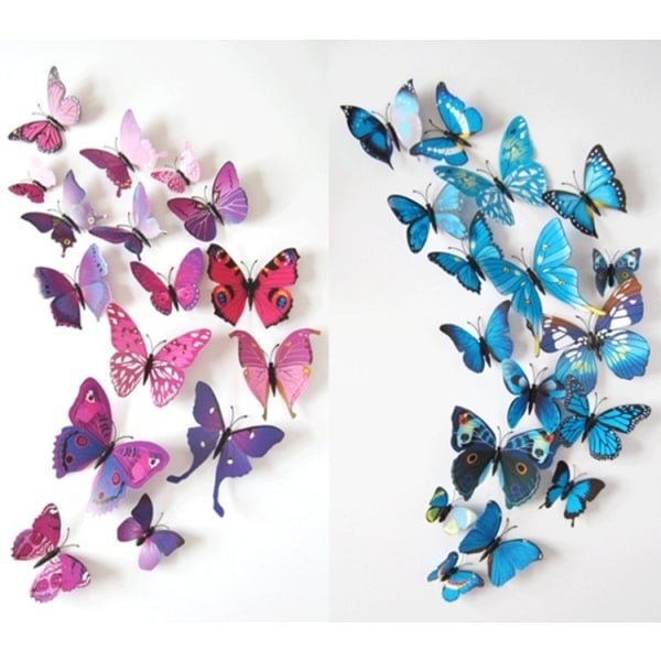 12-Pack Fjärilar med 3D Effekt - Magnet & Dubbelhäftande