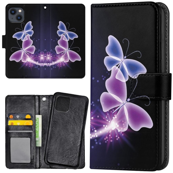 iPhone 13 - Plånboksfodral/Skal Lila Fjärilar multifärg