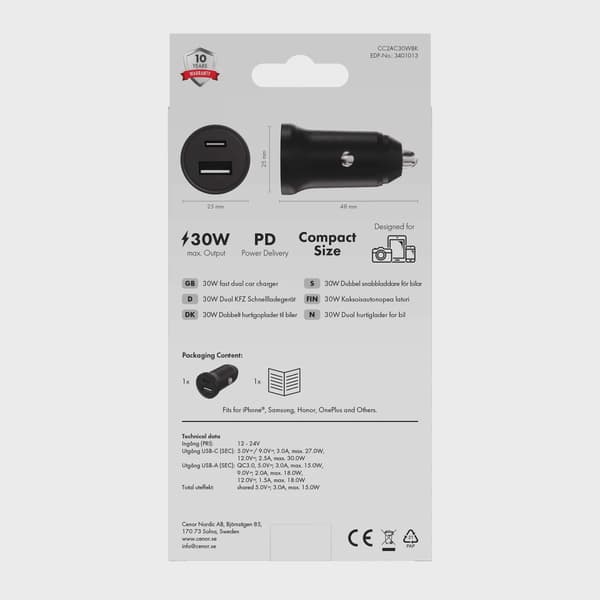 X2O 30W dubbel billaddare USB-C/A svart