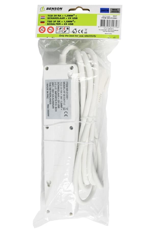 Grenuttag 3-vägs jordad 2xUSB 3 m