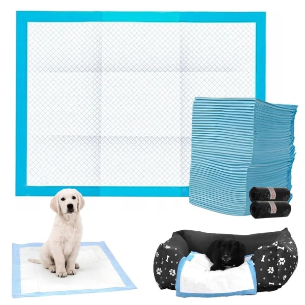 Kissmatte med Bajsposer til Hund / Valpmatte / Hygiejneunderlag Blue 60x90cm - 100p