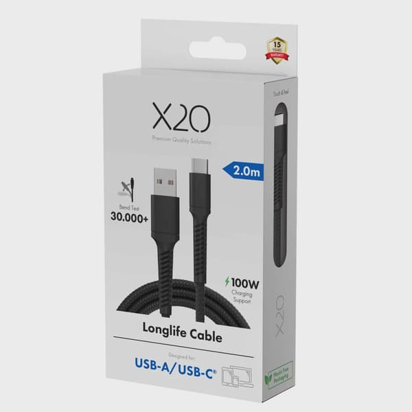 X2O Longlife 60W USB-A/C-kabel 2 m svart