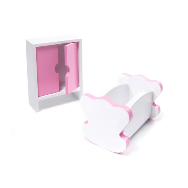 MDF-dockhus i trä + möbler 70 cm rosa LED
