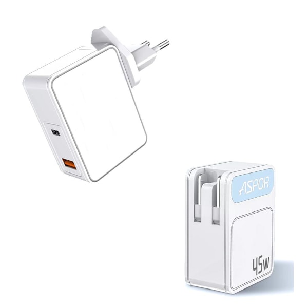 45W Laddare med Reseadapter US/EU - USB-C - PD - Snabbladdare Vit