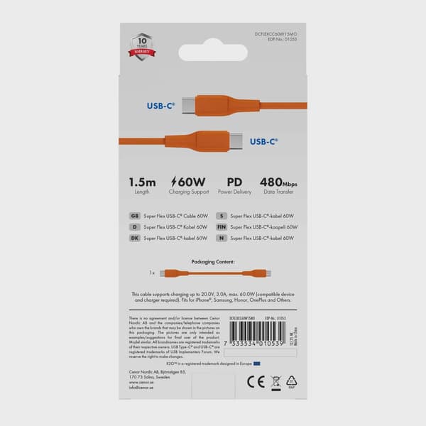 X2O SUPERFLEX 60W USB-C/C-kabel 1,5 m orange
