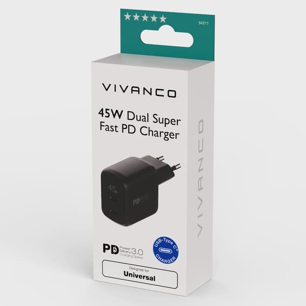Vivanco Supersnabb 45W Dubbel Hemladdare Svart