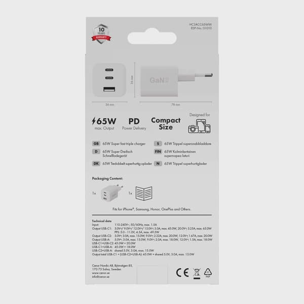 X2O 65W trippel hemmaladdare USB-C/C/A GaN vit