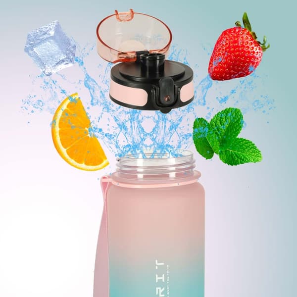 600ml Vattenflaska med Sugrör & Tidsmarkör Pink